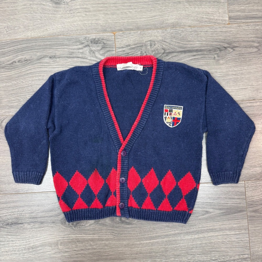 Vintage Kids Navy Argyle Knit Cardigan Red Trim Bon Voyage‎ Crest Patch Size 4